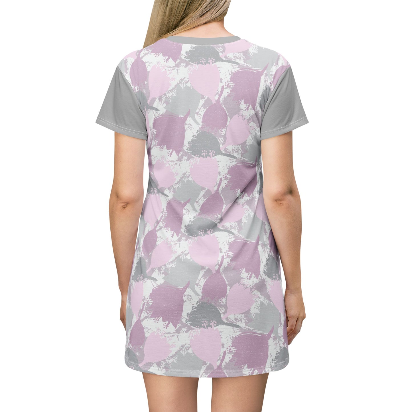 Block Print Style Flowers - T-Shirt Dress, Pink and Grey