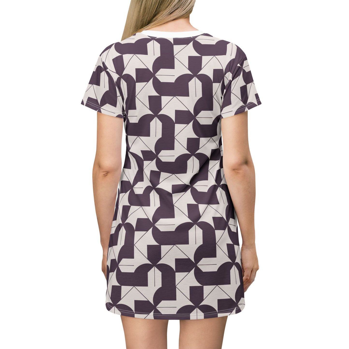 Modern Maze T-Shirt Dress - Deep Purple Geometric Design