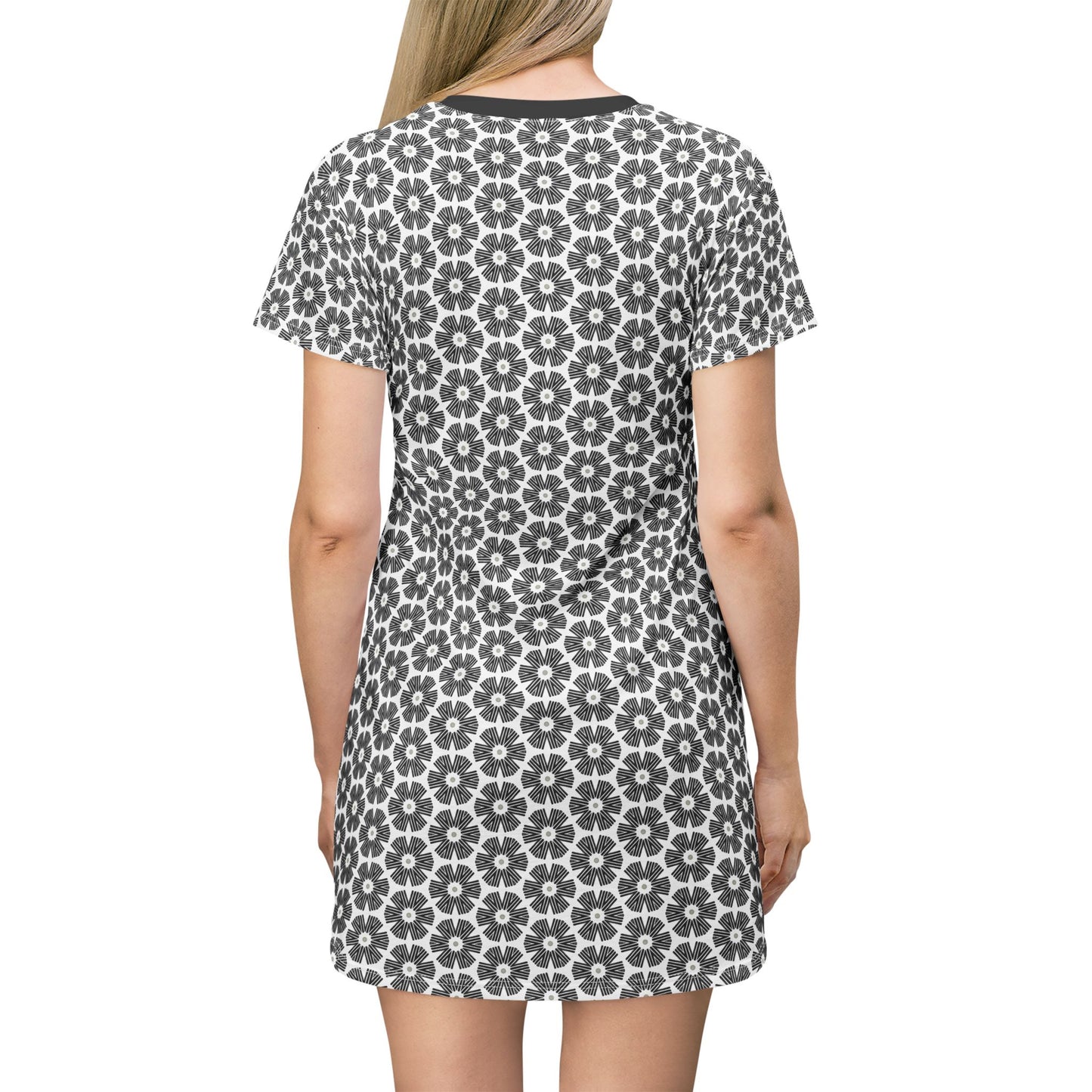 Stylized Flower T-Shirt Dress - Minimalist Black and White Design