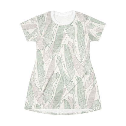 Tropical  Leaves - T-Shirt Dress Sand and Sage