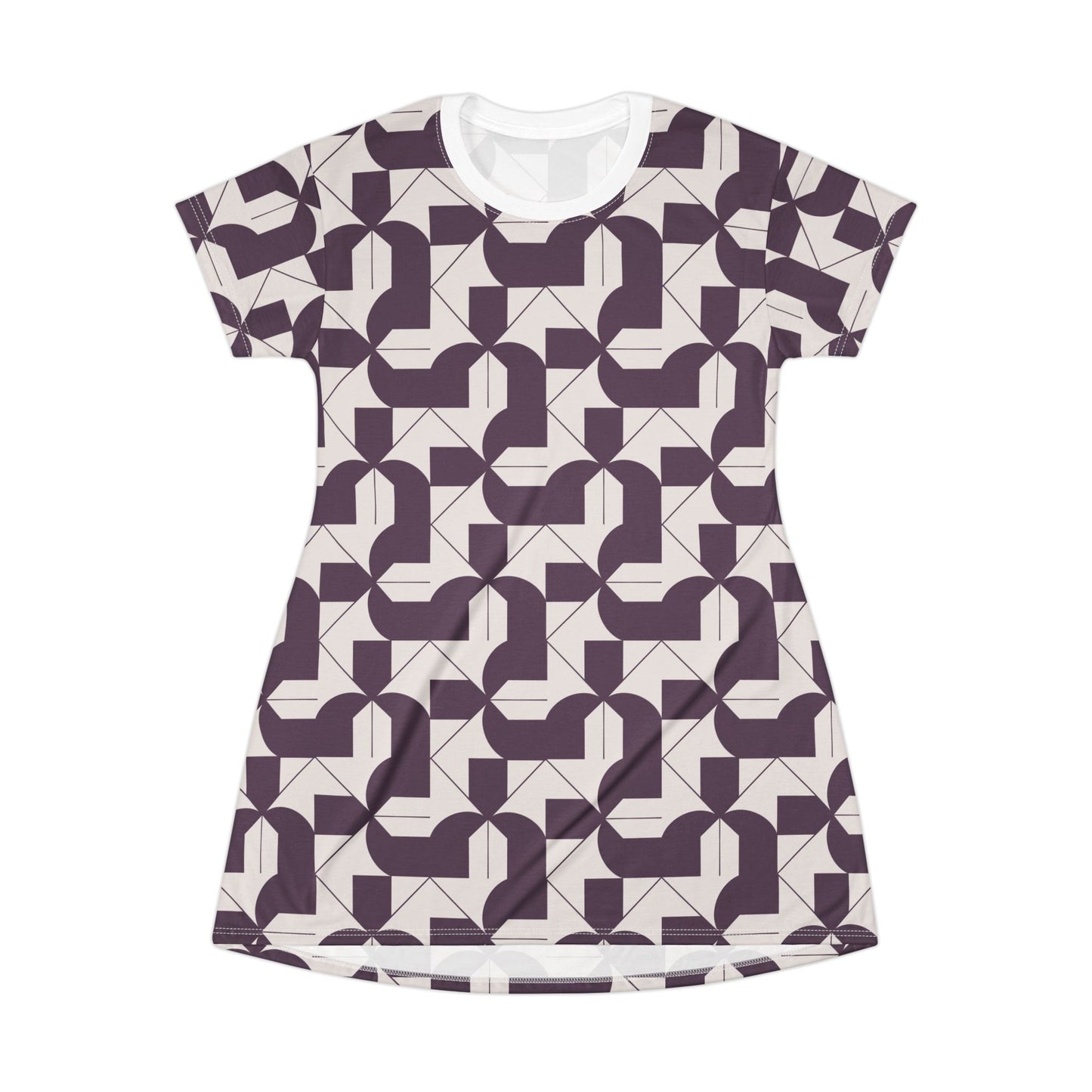 Modern Maze T-Shirt Dress - Deep Purple Geometric Design