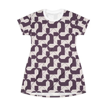 Modern Maze T-Shirt Dress - Deep Purple Geometric Design