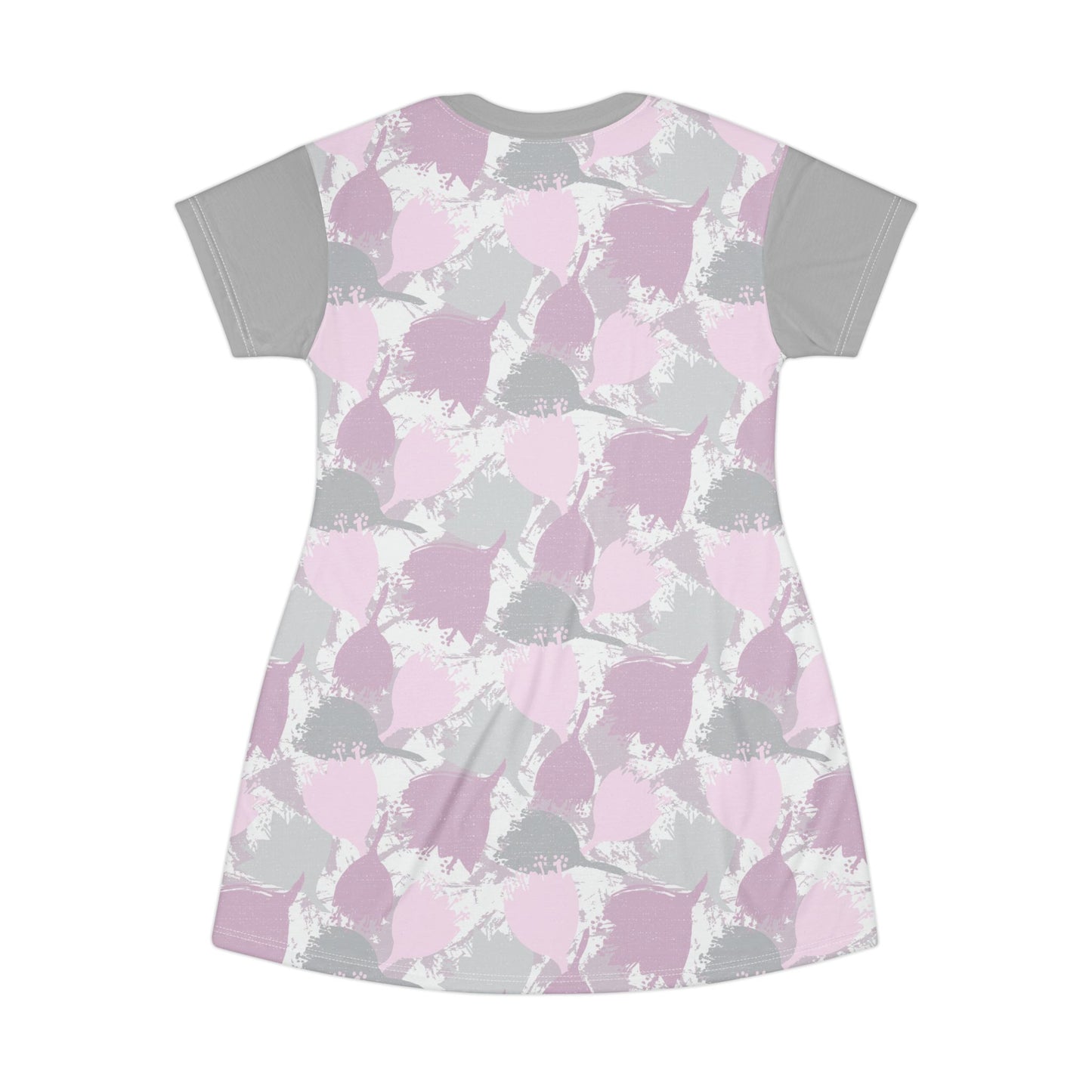 Block Print Style Flowers - T-Shirt Dress, Pink and Grey