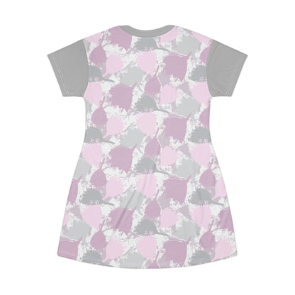 Block Print Style Flowers - T-Shirt Dress, Pink and Grey