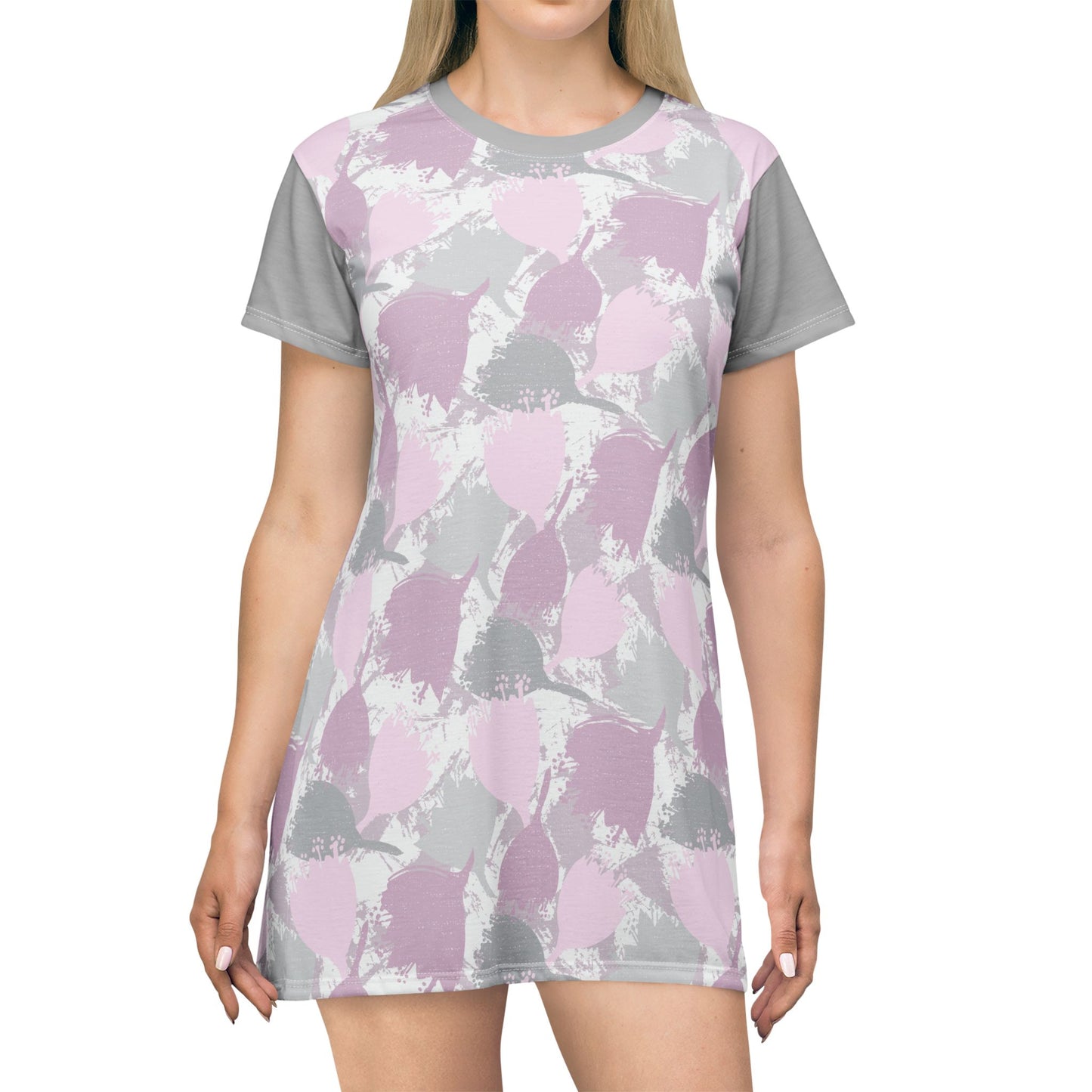 Block Print Style Flowers - T-Shirt Dress, Pink and Grey