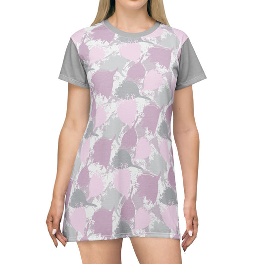 Block Print Style Flowers - T-Shirt Dress, Pink and Grey