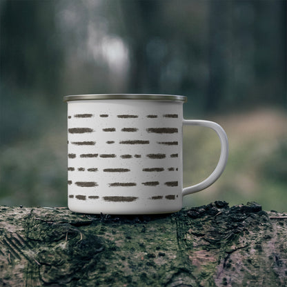 Birch Bark Dash Stripe Nature-Inspired Enamel Camping Mug for Outdoor Lovers