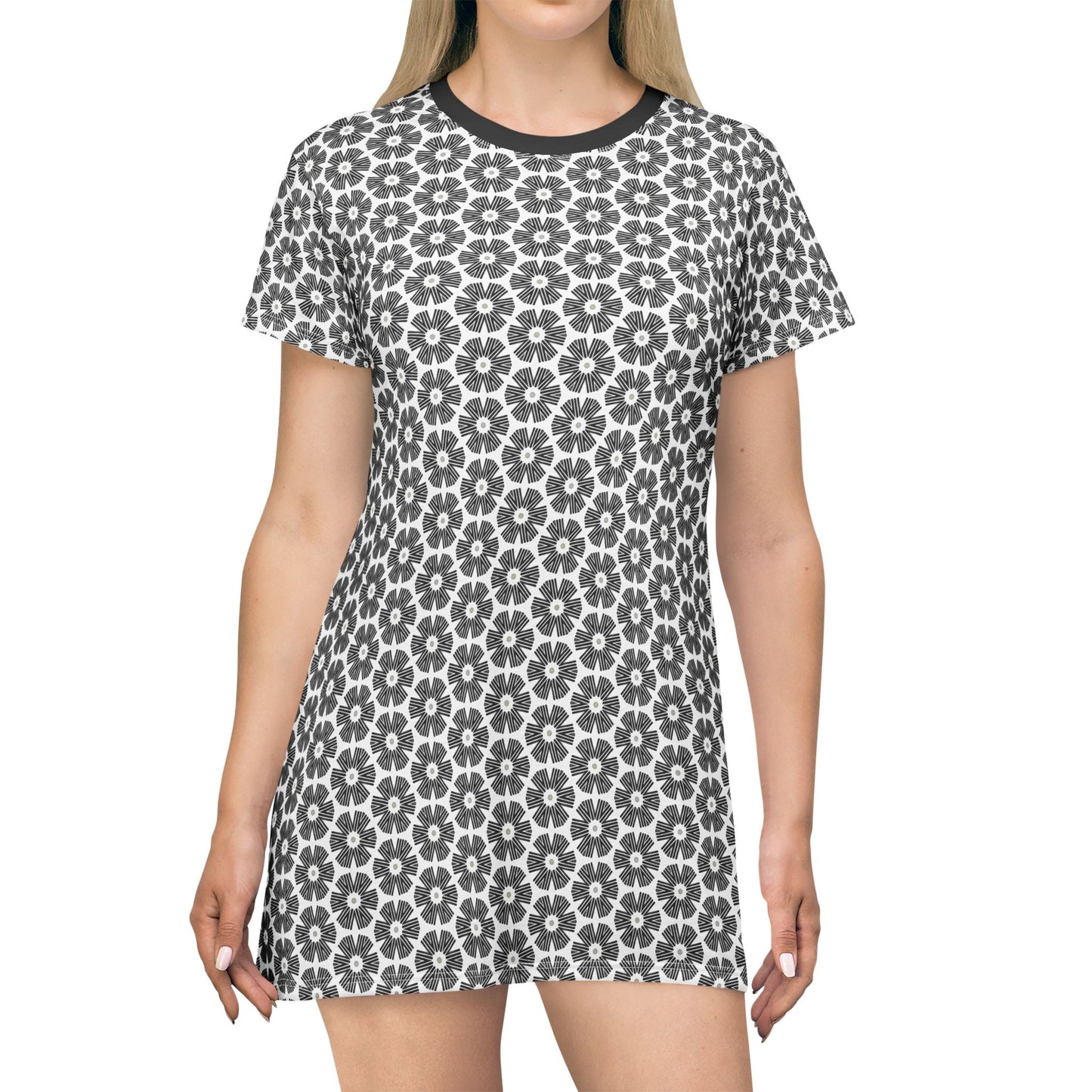 Stylized Flower T-Shirt Dress - Minimalist Black and White Design