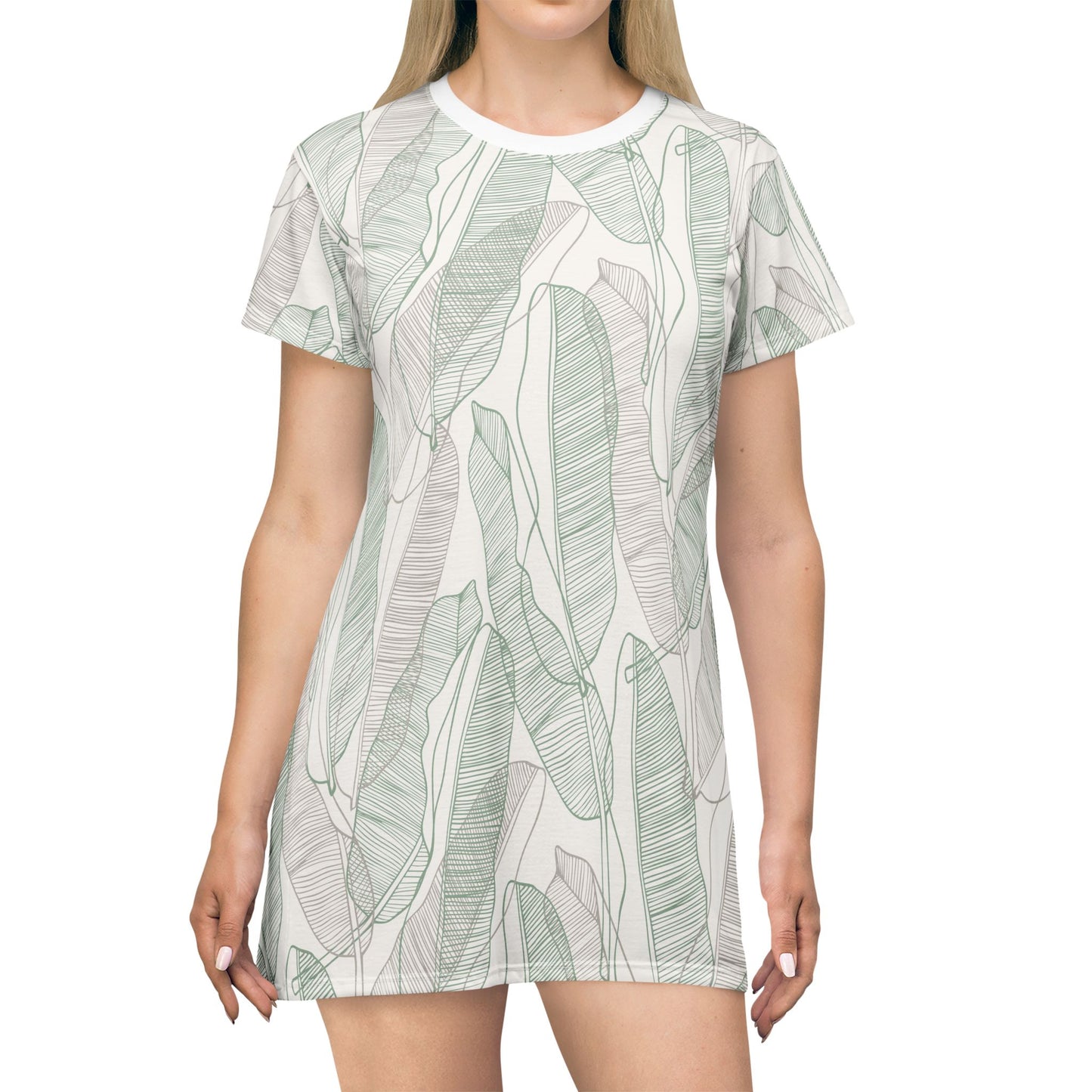 Tropical  Leaves - T-Shirt Dress Sand and Sage