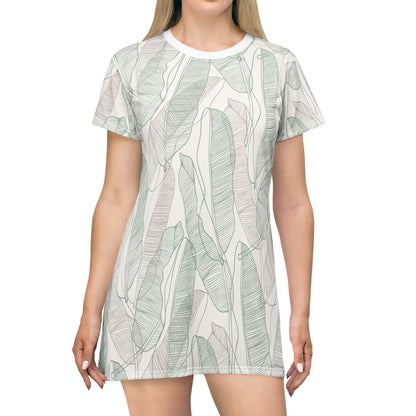 Tropical  Leaves - T-Shirt Dress Sand and Sage