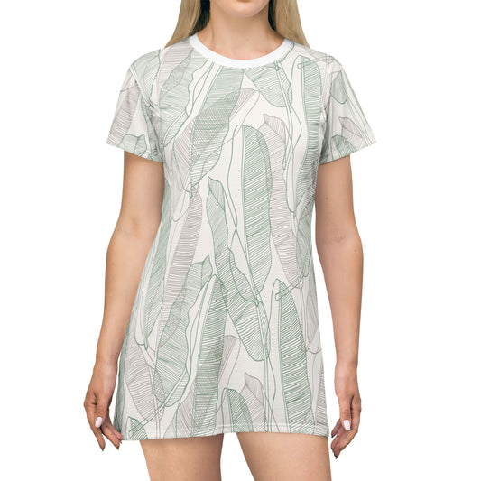 Tropical  Leaves - T-Shirt Dress Sand and Sage