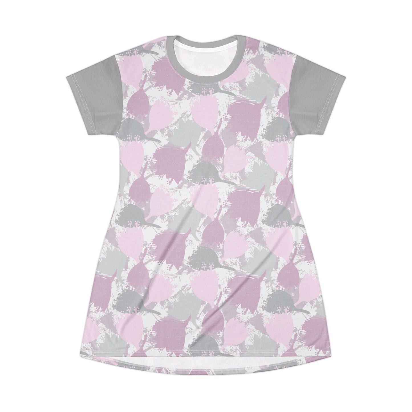 Block Print Style Flowers - T-Shirt Dress, Pink and Grey