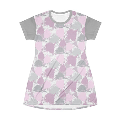 Block Print Style Flowers - T-Shirt Dress, Pink and Grey