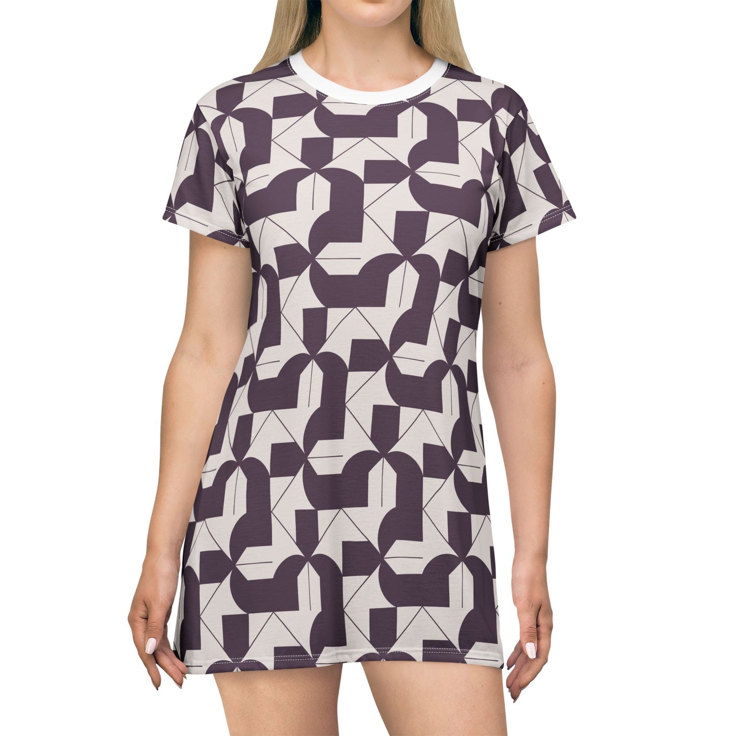 Modern Maze T-Shirt Dress - Deep Purple Geometric Design