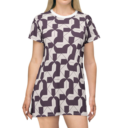Modern Maze T-Shirt Dress - Deep Purple Geometric Design