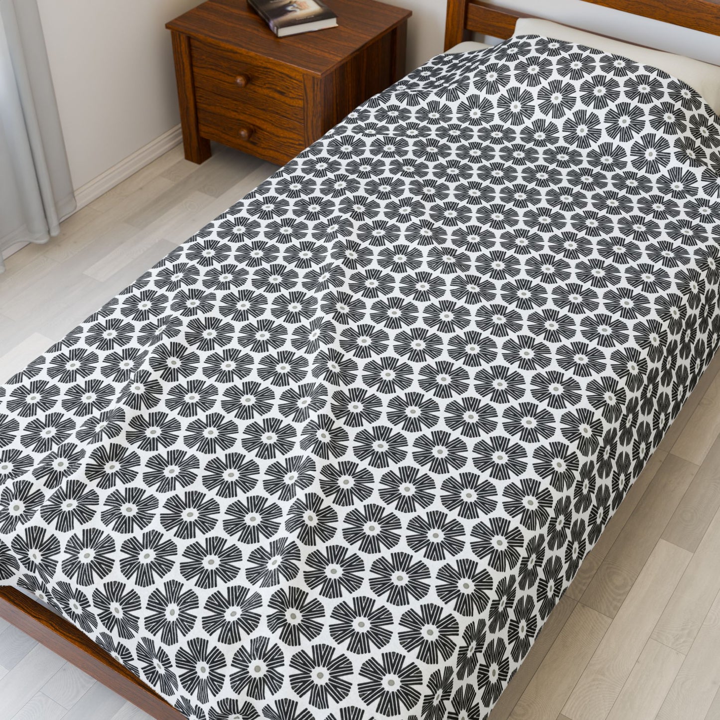 Stylized Flower,  Black and White Velveteen Plush Blanket - Minimalist Pattern