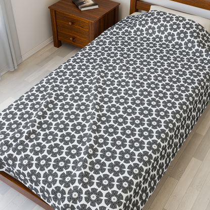 Stylized Flower,  Black and White Velveteen Plush Blanket - Minimalist Pattern