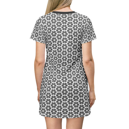 Stylized Flower T-Shirt Dress - Minimalist Black and White Design