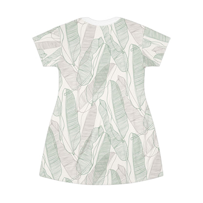 Tropical  Leaves - T-Shirt Dress Sand and Sage