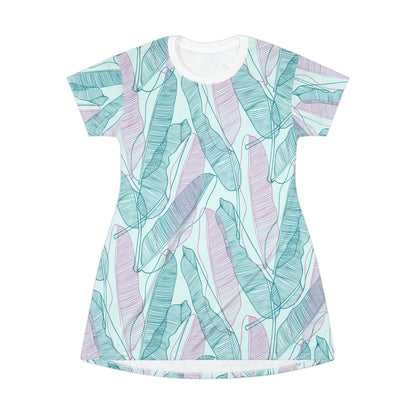 Tropical leaves - T-Shirt Dress Teal, Mint and Pink