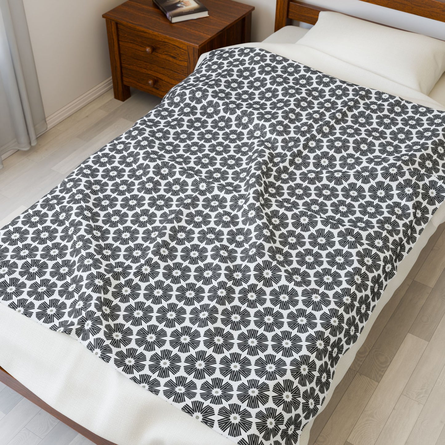 Stylized Flower,  Black and White Velveteen Plush Blanket - Minimalist Pattern