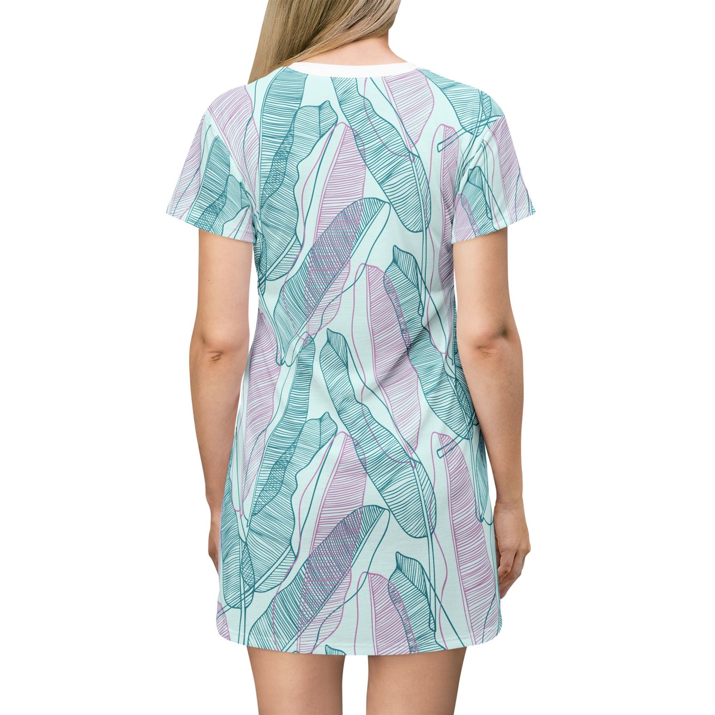 Tropical leaves - T-Shirt Dress Teal, Mint and Pink