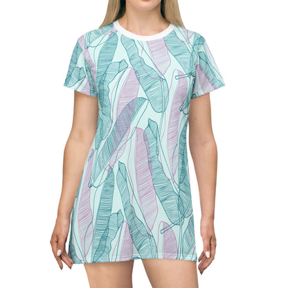 Tropical leaves - T-Shirt Dress Teal, Mint and Pink