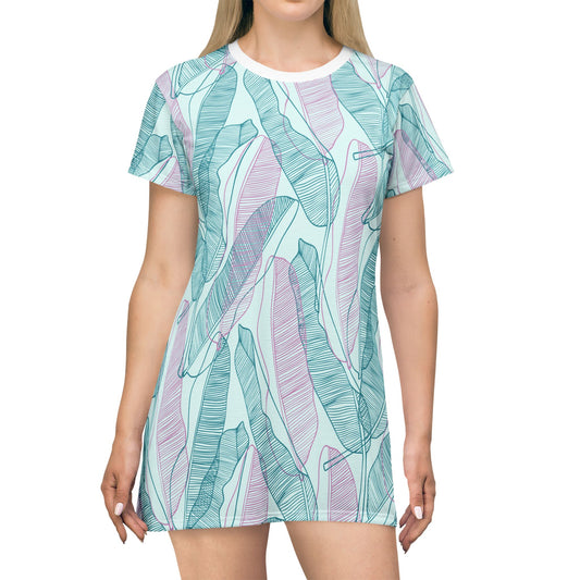 Tropical leaves - T-Shirt Dress Teal, Mint and Pink