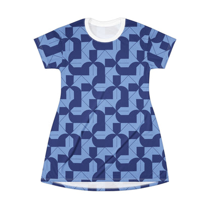 Modern Maze T-Shirt Dress - Blue
