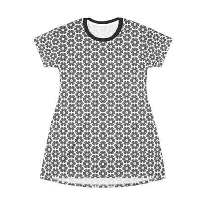 Stylized Flower T-Shirt Dress - Minimalist Black and White Design