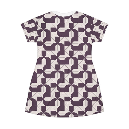 Modern Maze T-Shirt Dress - Deep Purple Geometric Design